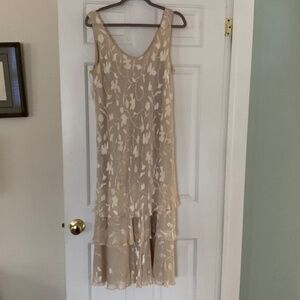 Cameron Blake by Mon Cheri Champagne Silk colored formal dress with jacket.